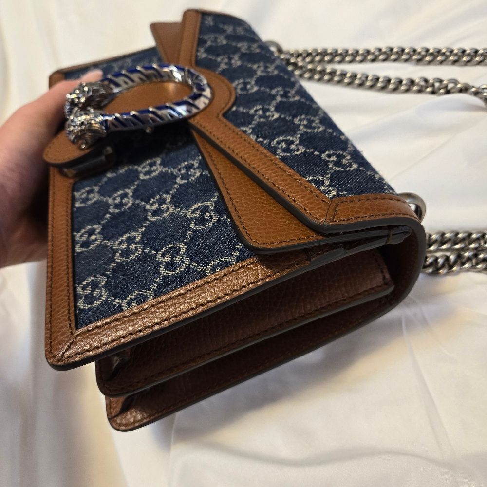 GUCCI Dionysus GG Denim Shoulder Bag Blue Brown Shoulder Chain - Picture 11 of 16